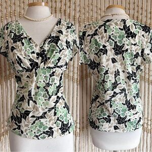Vintage Y2K 2000s Floral Empire Stretchy Green Cream Coqutte Fairycore Blouse XL
